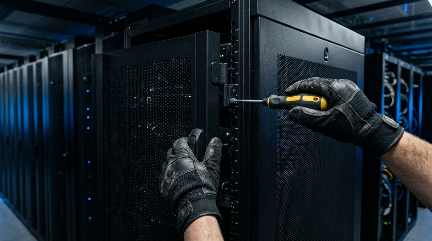 Gloved hands attaching a perforated door to a server cabinet