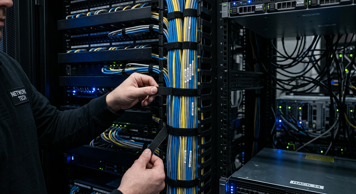 Neatly bundled network cables secured with straps inside a rack