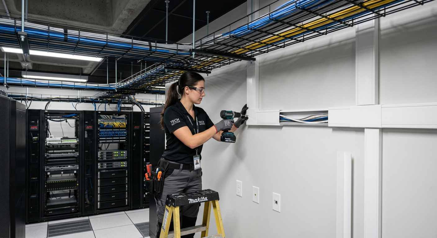 Technician installing surface-mounted cable raceway in a server room