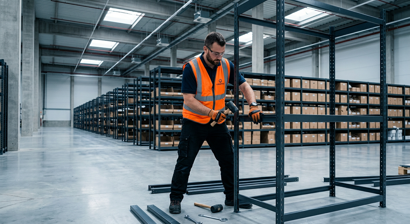 Worker assembling lightweight steel shelving in a warehouse