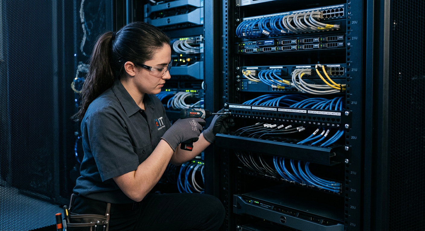 Technician mounting a patch panel inside a network cabinet