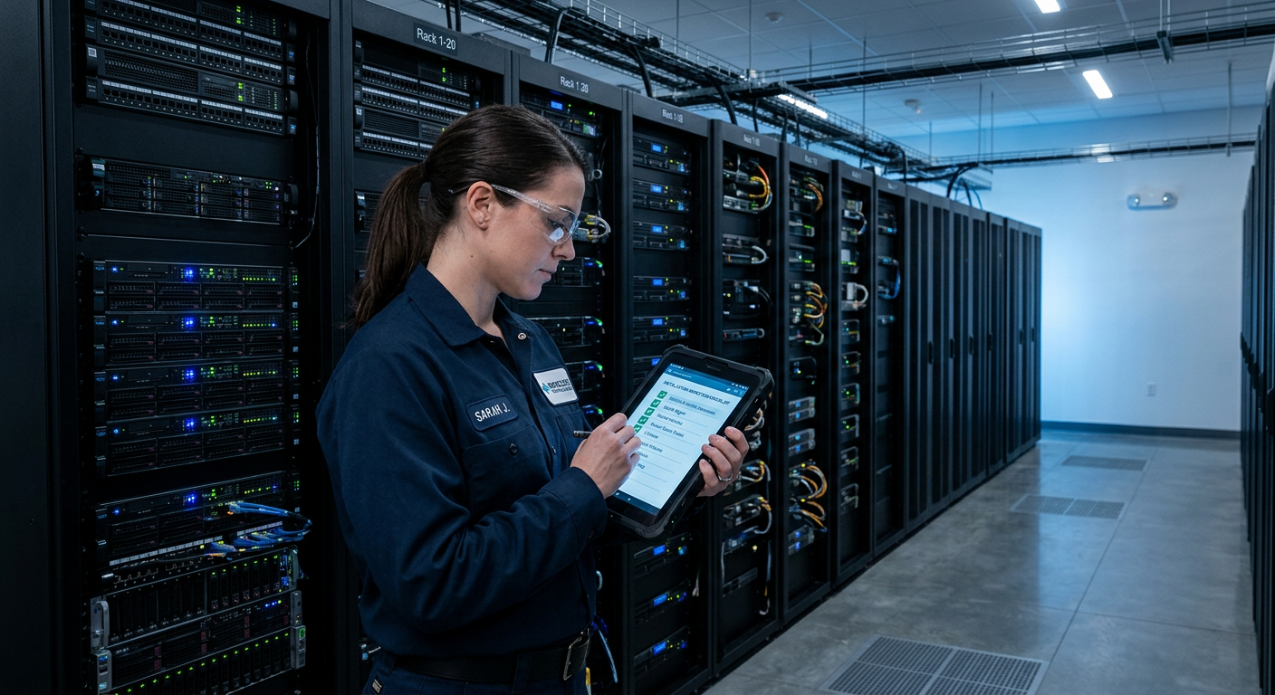 Technician completing an installation checklist on a tablet near server racks