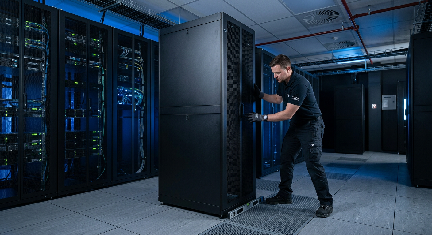 Technician positioning a black server rack in a data center row
