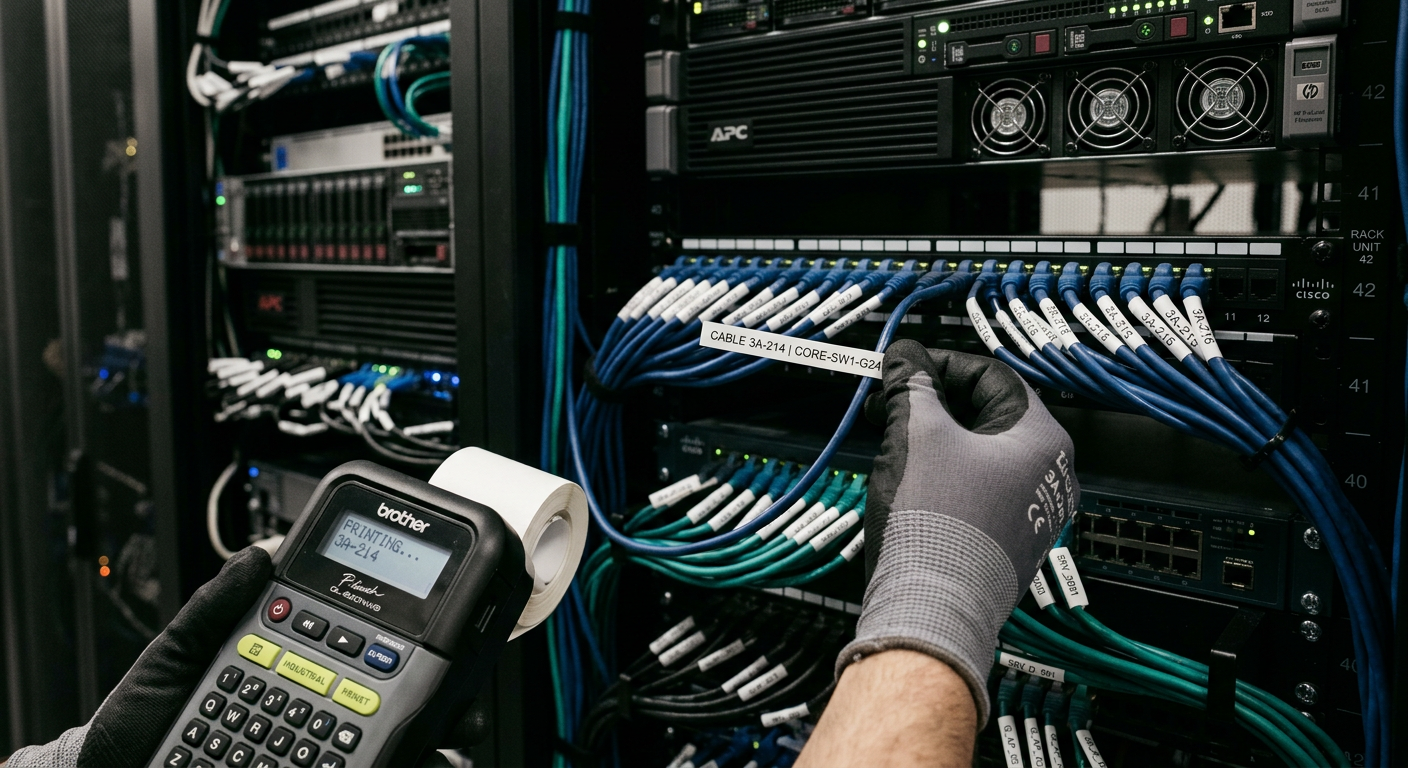 Technician applying a printed identification label to a cable