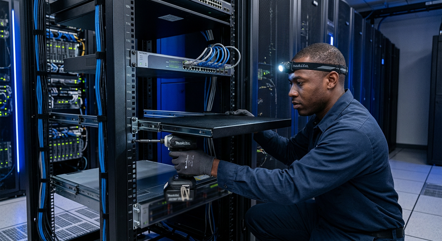 Rack shelf and mounting rails being installed inside a server rack