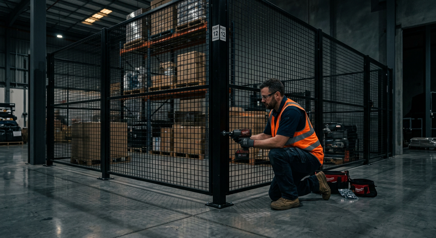 Prefabricated wire mesh partition enclosure inside a warehouse